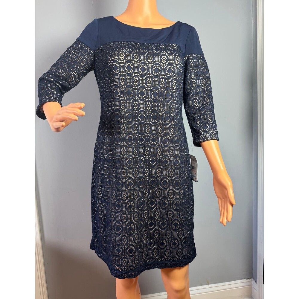 Jessica Howard Navy Lace Overlay Dress Petite 10P 3/4 Sleeve Cocktail NEW.